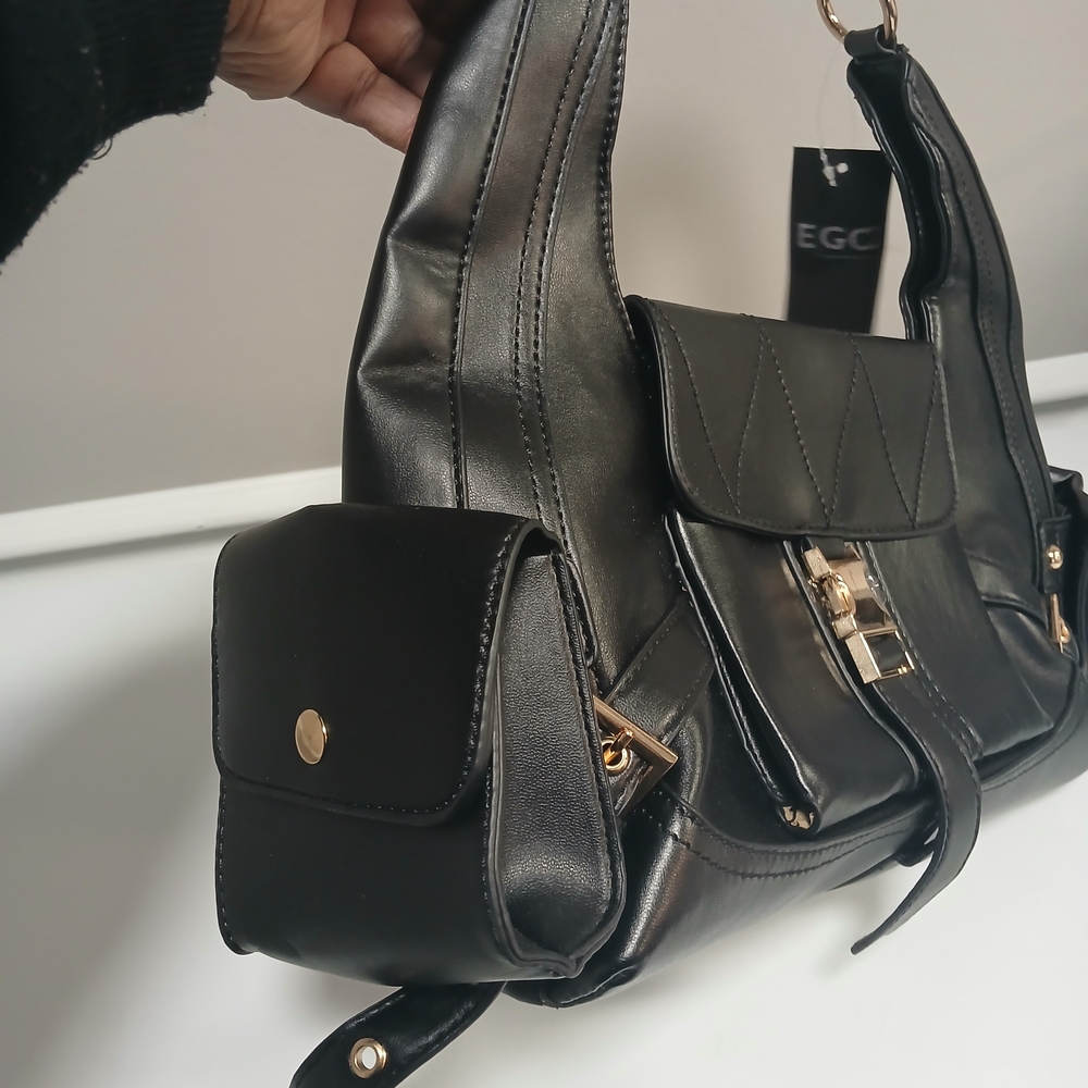 EGO Black Faux Leather Baguette Shoulder Bag w/ Gold Accents & Pouches New!